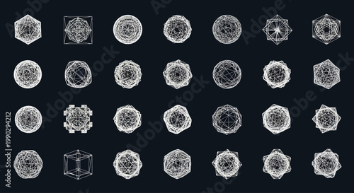 Mesmerizing collection of intricate abstract geometric patterns and complex digital art forms, a diverse array of symmetric and enigmatic designs on a dark background