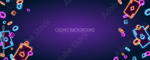 Casino or poker background with gaming glowing elements. Neon playing cards, chips and dice on bright background. Vector illustration.