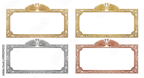 Elegant ornate rectangular frames with peacock motifs in gold, silver, and copper finishes