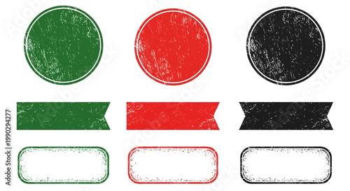 Grunge rubber stamp frames collection, vintage distressed circle and ribbon banner set, 9 textured blank seal elements in green red and black