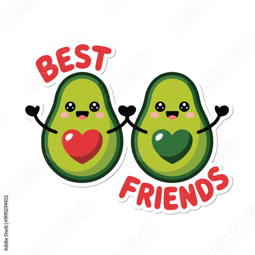 Cute avocado friends, green cartoon avocados, best friends stickers, heart symbols