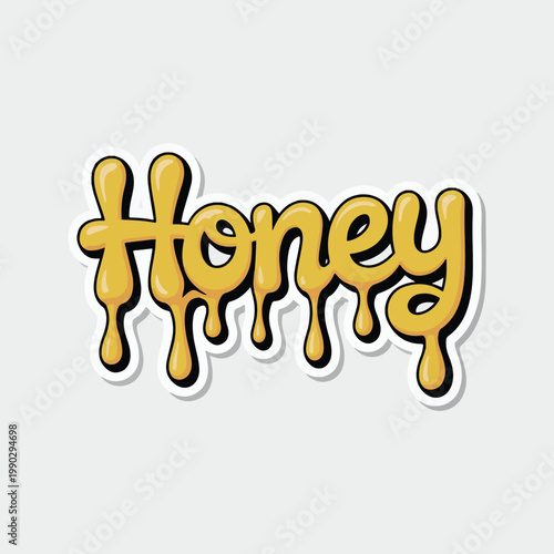 Golden honey dripping word, sweet typography, yellow sticky font, honeycomb label