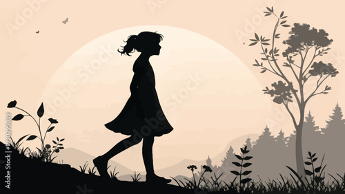 A serene silhouette of a young girl walking in a peaceful natural landscape at sunset