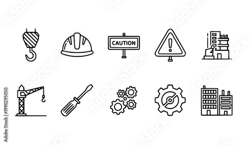 Black thin line under construction icons with caution and repair symbols vector set