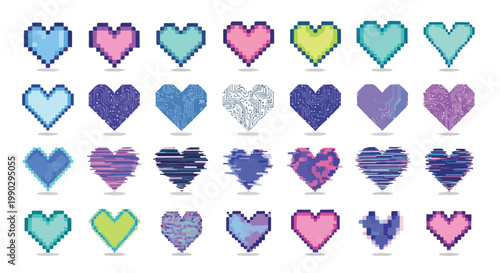 A vibrant collection of pixel art hearts in various colors and glitch styles, showcasing digital love and retro gaming aesthetics.