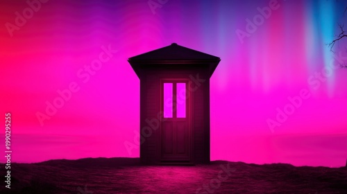A solitary wooden door structure stands on a dark landscape, glowing against a vibrant pink and purple sky with streaks of blue light.