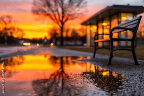 A wet bench by a bus stop reflects a colorful sunset with blurred trees and street lights in the background.