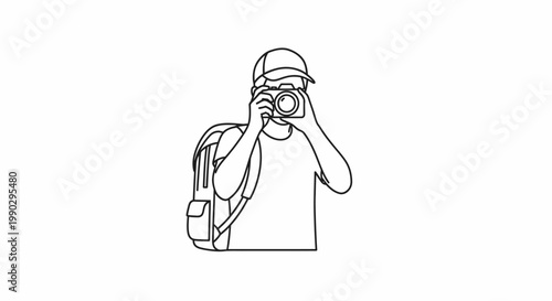 Line drawing of a photographer taking a picture with a camera and backpack in a simple, black-and-white style.