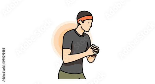 Illustration of a man wearing a headband and t-shirt, using a smartphone with a simple, solid background and a modern minimalist style conveying a casual mood.