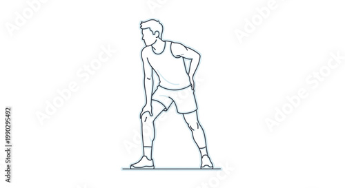 Line drawing of a man stretching with one hand on his hip and the other on his knee in a simple, blue outline on a white background.
