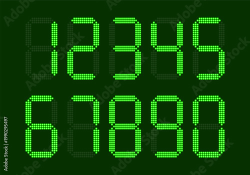 Digital glowing numbers. Green LCD figures for a electronic devices, clocks, calculators, and scoreboard interfaces. Vector illustration.