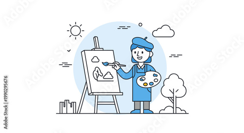 A cartoon artist painting on an easel with a palette in a scenic outdoor setting with a minimalist style and a mix of blue and white tones.