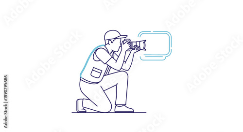 A line drawing of a photographer on one knee taking a picture with a camera and a thought bubble in a minimalist style with blue lines on a white background.