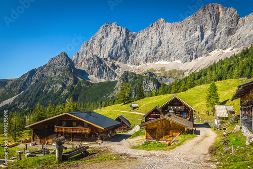 Scattered alpine chalets on the meadow, Ramsau am Dachstein, Austria