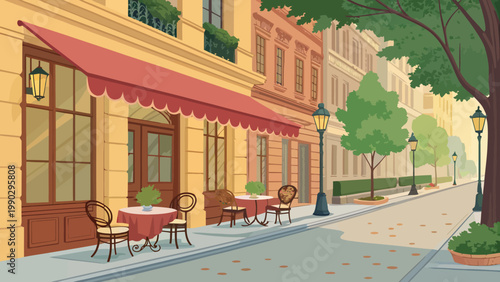 A vibrant illustration of a quaint European street with a charming cafe and outdoor seating area
