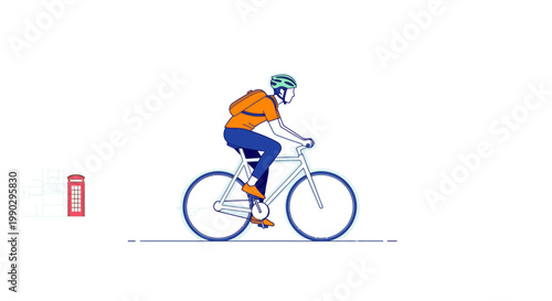Cyclist wearing orange and blue riding bicycle past red fire hydrant on white background with shallow focus.