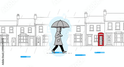 A person walks under an umbrella on a rainy city street with a red telephone booth and row of buildings in the background, depicted in a simple line drawing style with a gray and blue color