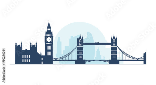 Silhouette of Tower Bridge and the London skyline at dusk with a full moon in a dark blue and light blue color scheme.