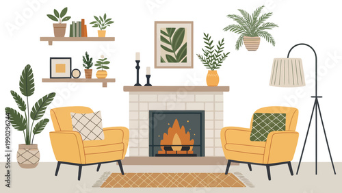 A cozy living room with a fireplace and comfortable seating for relaxation