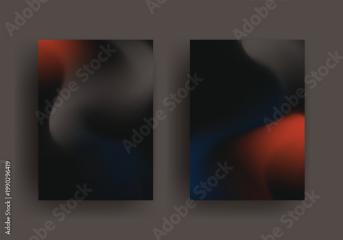 Abstract dark shapes with vibrant orange and blue accents