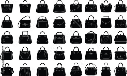 Handbag silhouette collection, fashion purse variety, stylish tote illustration, elegant bag design, black and white accessory vector artwork