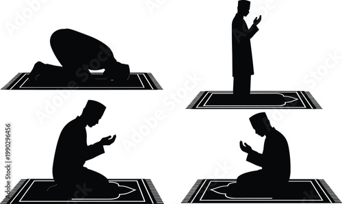 Islamic prayer silhouette, Muslim worship illustration, Salah posture artwork, devotion vector design, religious ritual silhouettes, black and white spiritual icon