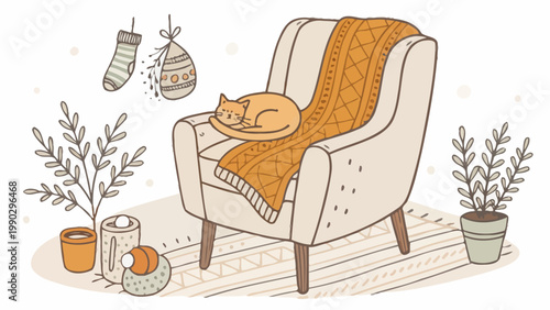 A cozy cartoon illustration of a cat sleeping on a comfortable armchair with a warm blanket and festive holiday decorations nearby.