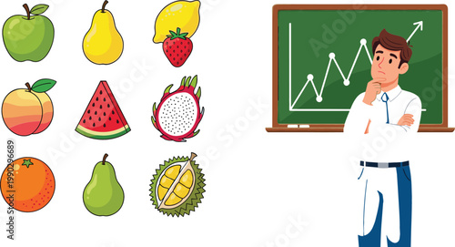 Fresh Fruit Collection with Apple Pear Lemon Strawberry Watermelon Dragon Fruit and Businessman Analyzing Growth Chart Vector Illustration Set