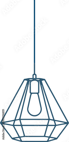 A metal cage pendant light with a blue cord