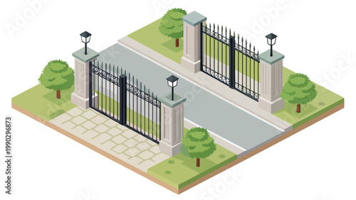A 3D illustration of a gated entrance with a black metal fence and stone pillars