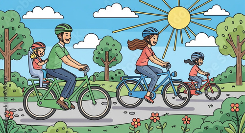 Family cycling together in a park on a sunny day.