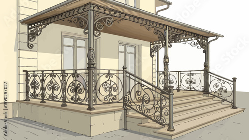 An ornate metal porch with a roof and staircase leads to a beautiful building entrance