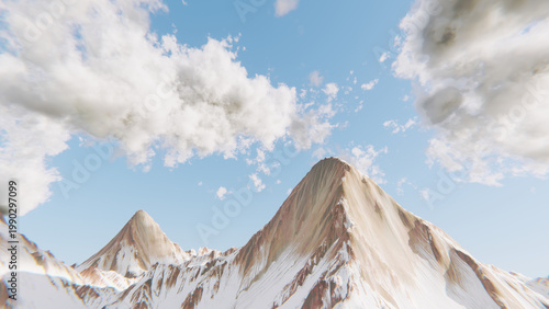 Stylized Snow Mountain Peaks Under Blue Sky with Clouds - Scenic Landscape, Nature, Adventure, Travel Background 3D Render