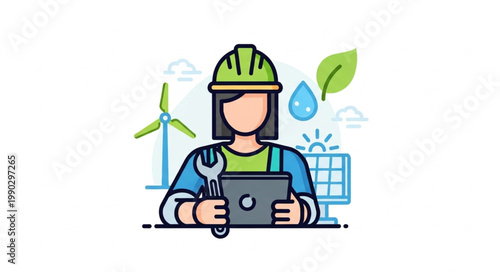 Female Engineer with Renewable Energy Icons and Tablet Illustration.