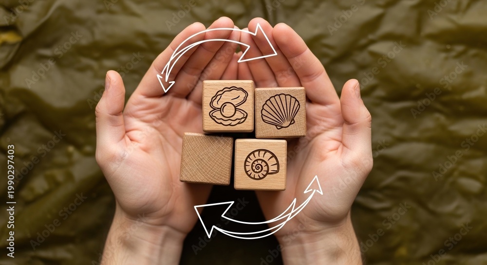 Fototapeta premium Cupped hands hold wooden blocks illustrating a natural marine ecosystem cycle.