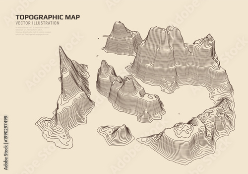 3D topographic map. Geographic contour map with elevation lines. Detailed terrain visualization concept. Vector illustration of landscape elevations and natural relief.