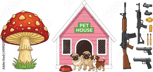Cartoon Mushroom, Pet House with Dogs and Detailed Firearms Equipment Collection Vector Illustration Set