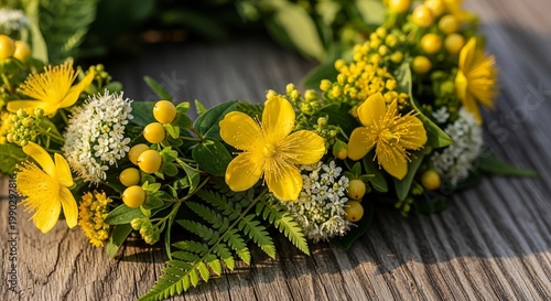Midsummer Floral Wreath with Yellow St. John's Wort and Ferns on Rustic Weathered Wood Background, Celebrating St. John’s Eve and Solstice Traditions