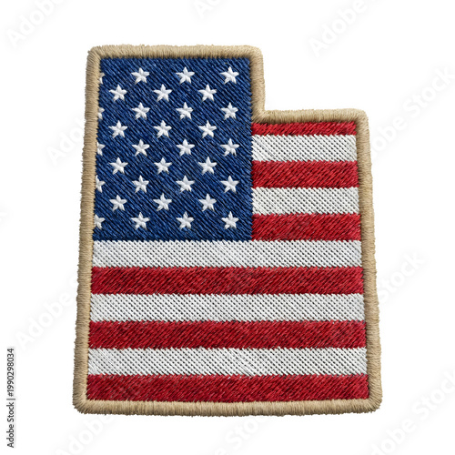 A detailed embroidered patch featuring the American flag in the shape of Utah on transparent background
