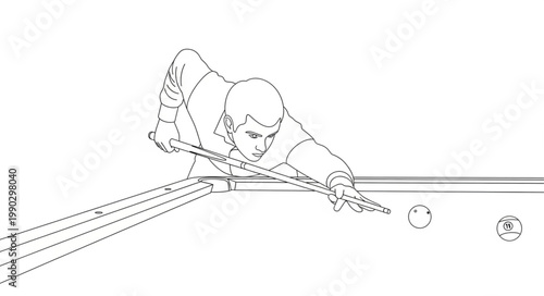 Focused Billiards Player Lining Up Shot with Precision.