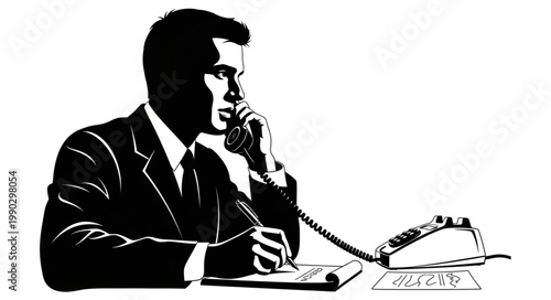 Focused Businessman Answering Phone and Taking Notes at His Desk.