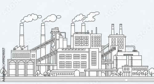 Industrial Factory Building Complex with Smoke Emitting from Chimneys.
