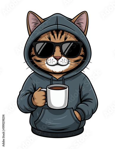 Cool Cartoon Cat Wearing a Grey Hoodie and Sunglasses Holding a Coffee Mug