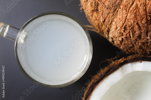 top view of a glass of coconut water