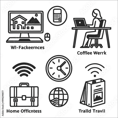 Remote work, business travel, wireless connectivity icons, office, Wi-Fi, clock, briefcase, laptop, travel bag
