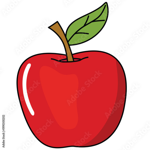Single ripe red apple with stem and leaf, healthy fruit element in flat cartoon style