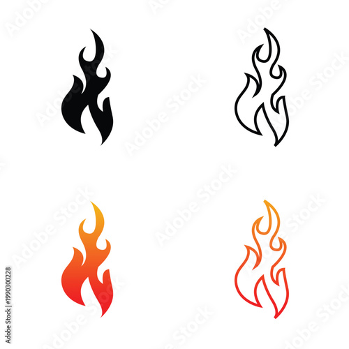 Fire Flame icon set in black and orange. Collection of stylized flame symbols in solid and outline styles, black and orange, isolated on white for design, logos, apps.