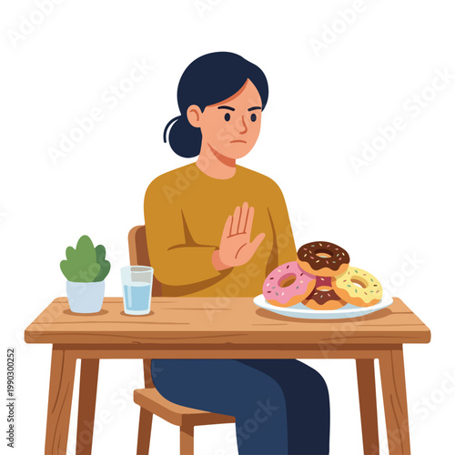 Woman pushing away plate of donuts. Healthy eating and diet willpower concept. Flat design vector illustration of food rejection