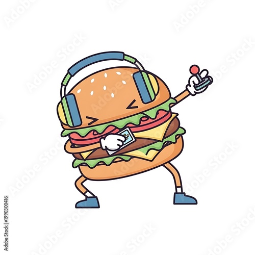 Animated burger with headphones, a controller, and a phone, embodying a gaming persona. It's dancing