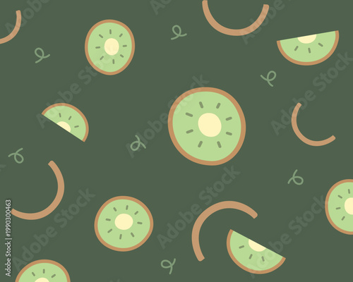Kiwi seamless pattern. Juicy kiwi slices on dark green background. Rich fruit texture style. Seamless vector pattern.